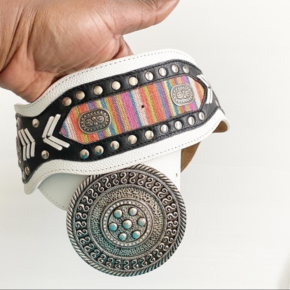 Y2K Embroidered Big Buckle belt Vintage coastal cowgirl Boho Bohemian - Picture 2 of 7